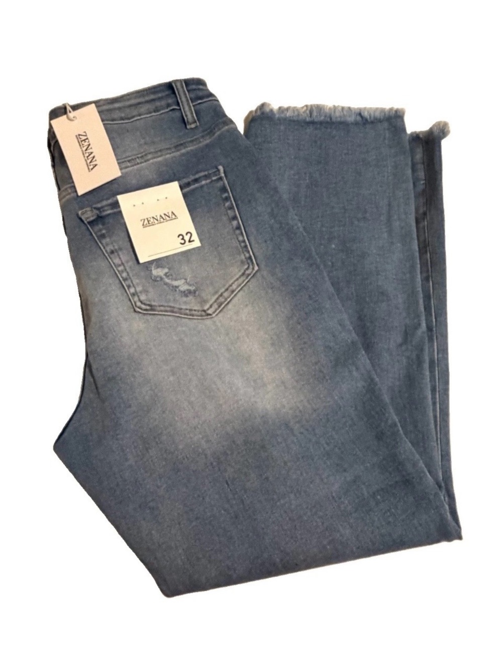 ZENANA medium-wash blue denim high-rise straight leg raw frayed hem size 32 NWT